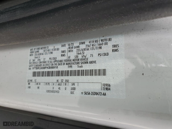 2023 Ford Transit Cargo Van with VIN 1FTBR3X88PKB88910, listed as a Copart auction lot 46260995 with 64,307 mi miles and Salvage Title. Bid and sale history available at carsss.com. Image 13.