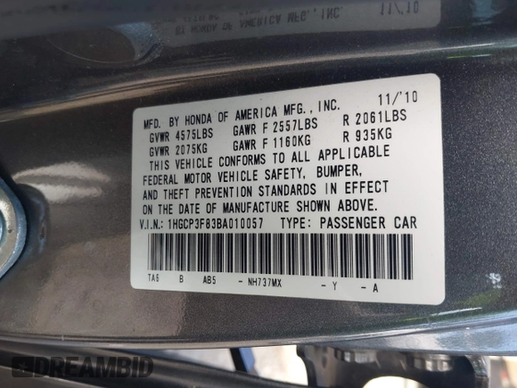 2011 Honda Accord EX-L with VIN 1HGCP3F83BA010057, listed as a IAAI auction lot 42299285 with 148,574 mi miles and . Bid and sale history available at DreamBid. Image 9.