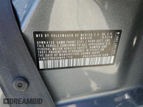 2019 Volkswagen Jetta S z VIN 3VWC57BU5KM061736, wystawiony jako Copart lot #55365334 z przebiegiem Nie podano mil oraz Szkoda całkowita • Salvage title. Historia ofert i sprzedaży dostępna na DreamBid. Obrazek 12.