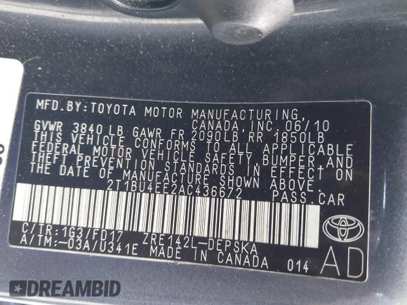 2010 Toyota Corolla with VIN 2T1BU4EE2AC436672, listed as a IAAI auction lot 42093118 with 120,565 mi miles and . Bid and sale history available at carsss.com. Image 9.
