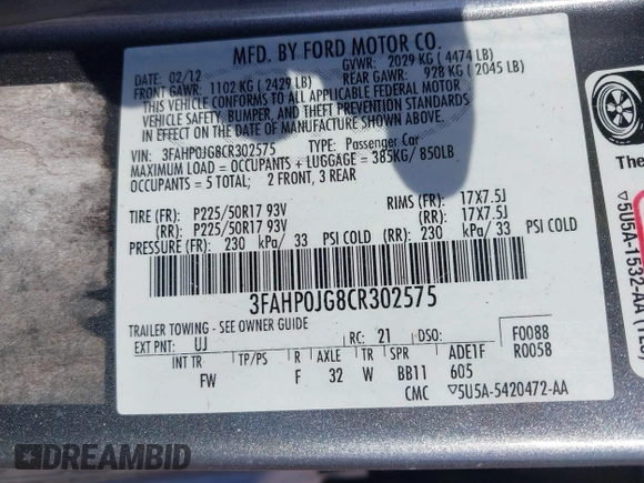 2012 Ford Fusion SEL with VIN 3FAHP0JG8CR302575, listed as a IAAI auction lot 42654368 with 174,530 mi miles and . Bid and sale history available at DreamBid. Image 9.