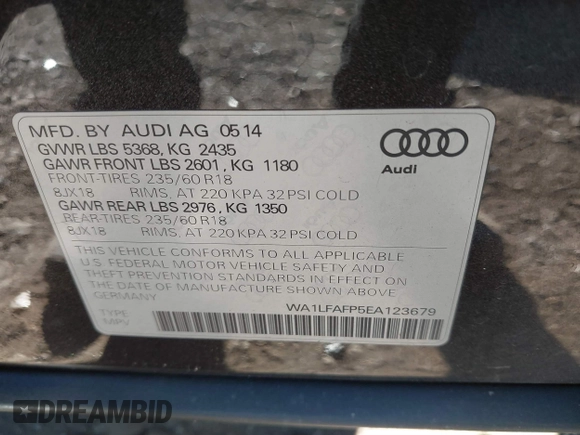 2014 Audi Q5 Premium Plus with VIN WA1LFAFP5EA123679, listed as a IAAI auction lot 40838862 with 161,974 mi miles. Bid and sale history available at carsss.com. Image 9.