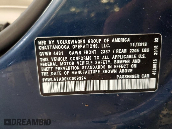 2019 Volkswagen Passat Wolfsburg Edition z VIN 1VWLA7A30KC009324, wystawiony jako Copart lot #56304615 z przebiegiem 77 480 mil mil oraz Szkoda całkowita • Salvage title. Historia ofert i sprzedaży dostępna na DreamBid. Obrazek 12.