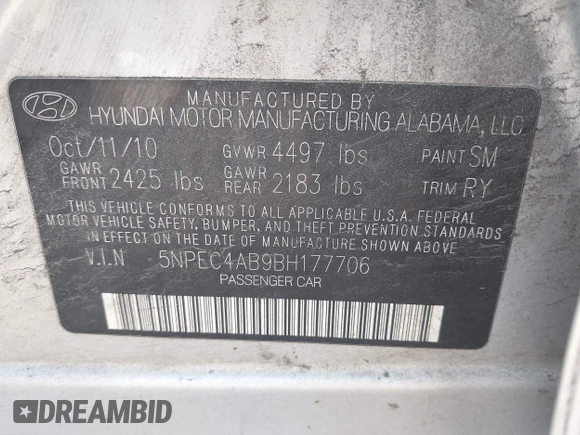 2011 Hyundai Sonata Limited with VIN 5NPEC4AB9BH177706, listed as a IAAI auction lot 42112012 with 247,547 mi miles and . Bid and sale history available at DreamBid. Image 9.
