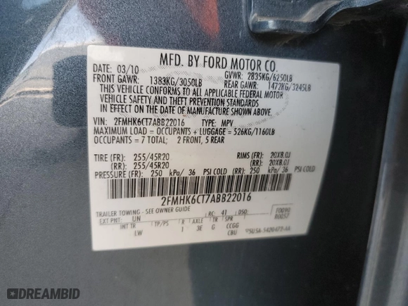 2010 Ford Flex SEL w/Ecoboost with VIN 2FMHK6CT7ABB22016, listed as a Copart auction lot 73799514 with 137,203 mi miles and Clean Title. Bid and sale history available at carsss.com. Image 13.