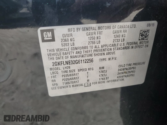 2016 GMC Terrain SLE with VIN 2GKFLNE32G6112256, listed as a Copart auction lot 43744055 with 0 mi miles and Clean Title. Bid and sale history available at carsss.com. Image 13.