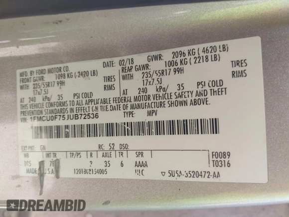 2018 Ford Escape S with VIN 1FMCU0F75JUB72536, listed as a IAAI auction lot 41728292 with 115,971 mi miles and . Bid and sale history available at DreamBid. Image 9.