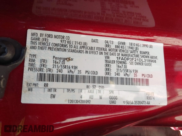 2013 Ford Focus SE with VIN 1FADP3F21DL318968, listed as a IAAI auction lot 42586198 with 118,998 mi miles and . Bid and sale history available at DreamBid. Image 9.