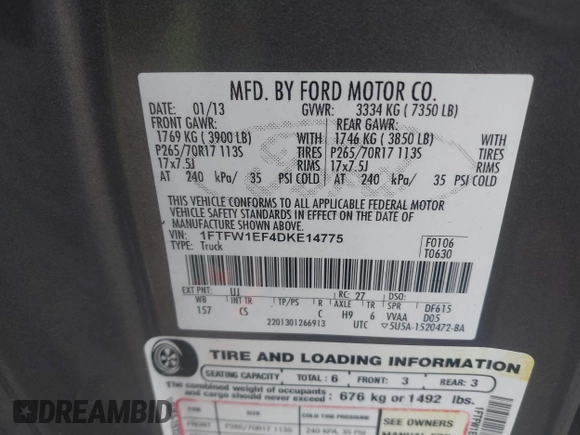 2013 Ford F-150 XL with VIN 1FTFW1EF4DKE14775, listed as a IAAI auction lot 41554959 with 152,874 mi miles. Bid and sale history available at carsss.com. Image 9.