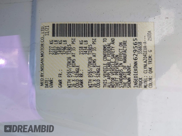 2022 Nissan Frontier Pro-4X with VIN 1N6ED1EK0NN629565, listed as a IAAI auction lot 41956707 with Not provided miles and . Bid and sale history available at DreamBid. Image 9.