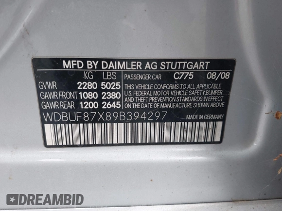 2009 Mercedes-Benz E 350 Luxury with VIN WDBUF87X89B394297, listed as a IAAI auction lot 42279425 with 160,469 mi miles and . Bid and sale history available at DreamBid. Image 9.