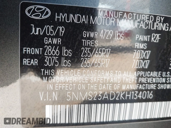 2019 Hyundai Santa Fe SE with VIN 5NMS23AD2KH134016, listed as a IAAI auction lot 41977240 with 61,448 mi miles and . Bid and sale history available at DreamBid. Image 9.