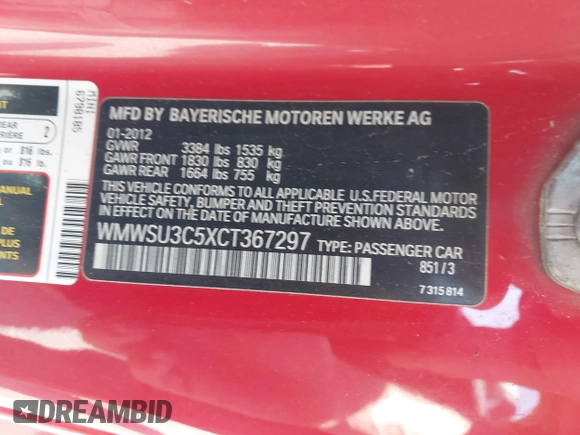 2012 MINI Hardtop with VIN WMWSU3C5XCT367297, listed as a IAAI auction lot 42088719 with 154,644 mi miles and . Bid and sale history available at DreamBid. Image 9.