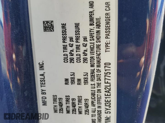 2020 Tesla Model 3 Standard Range Plus z VIN 5YJ3E1EA2LF775170, wystawiony jako Copart lot #46892785 z przebiegiem 48 539 mil mil oraz Szkoda całkowita • Salvage title. Historia ofert i sprzedaży dostępna na DreamBid. Obrazek 14.