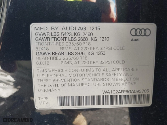 2016 Audi Q5 Premium with VIN WA1C2AFP6GA093705, listed as a IAAI auction lot 41811138 with 96,490 mi miles. Bid and sale history available at carsss.com. Image 9.