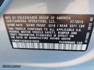 2013 Volkswagen Passat SE with VIN 1VWBP7A3XDC013233, listed as a IAAI auction lot 41771761 with 109,397 mi miles. Bid and sale history available at carsss.com. Image 9.