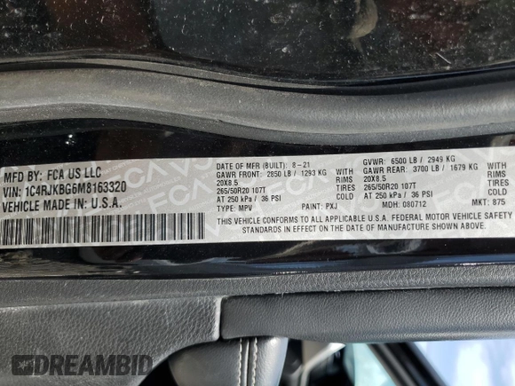 2021 Jeep Grand Cherokee Limited with VIN 1C4RJKBG6M8163320, listed as a Copart auction lot 54274935 with Not Provided miles and Clean Title. Bid and sale history available at DreamBid. Image 14.