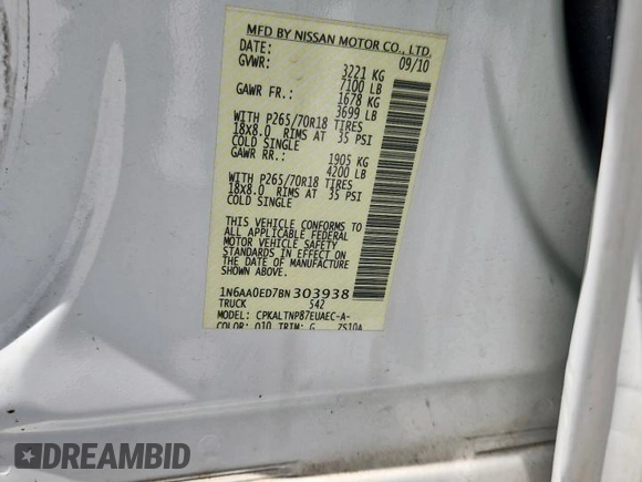 2011 Nissan Titan SV with VIN 1N6AA0ED7BN303938, listed as a Copart auction lot 61661175 with 138,098 mi miles and Salvage title. Bid and sale history available at DreamBid. Image 13.