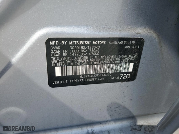 2024 Mitsubishi Mirage ES with VIN ML32AUHJ3RH000330, listed as a Copart auction lot 49997025 with 11,402 mi miles and Salvage Title. Bid and sale history available at carsss.com. Image 13.