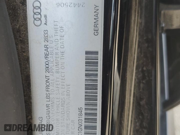 2016 Audi A7 Prestige with VIN WAU2GAFC1GN031845, listed as a Copart auction lot 59762435 with Not provided miles and Salvage title. Bid and sale history available at DreamBid. Image 12.
