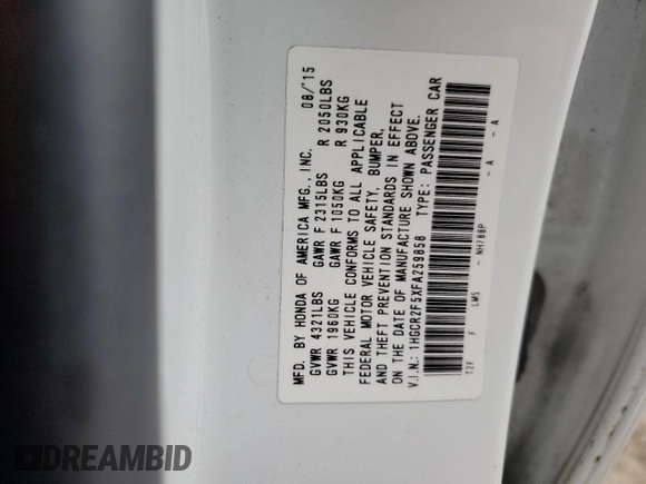 2015 Honda Accord Sport with VIN 1HGCR2F5XFA259858, listed as a Copart auction lot 56637275 with 99,136 mi miles and Clean Title. Bid and sale history available at DreamBid. Image 12.