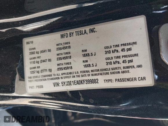 2019 Tesla Model 3 Mid Range with VIN 5YJ3E1EA0KF399082, listed as a IAAI auction lot 41697100 with 138,998 mi miles and . Bid and sale history available at carsss.com. Image 9.