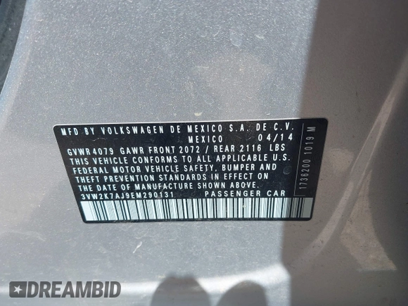 2014 Volkswagen Jetta S z VIN 3VW2K7AJ9EM290131, wystawiony jako IAAI lot #42306644 z przebiegiem 94 013 mil mil oraz . Historia ofert i sprzedaży dostępna na DreamBid. Obrazek 9.