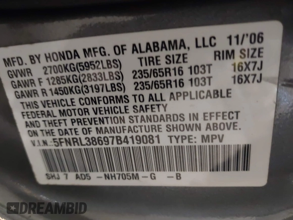 2007 Honda Odyssey EX-L с VIN 5FNRL38697B419081, выставлен на аукционе IAAI как лот 41750106 с пробегом 168 927 миль миль и . История ставок и продаж доступна на DreamBid. Изображение 9.