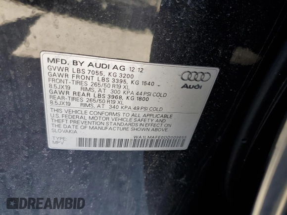 2013 Audi Q7 3.0L TDI Premium Plus with VIN WA1LMAFE0DD009655, listed as a Copart auction lot 49687045 with 0 mi miles and Salvage Title. Bid and sale history available at carsss.com. Image 14.