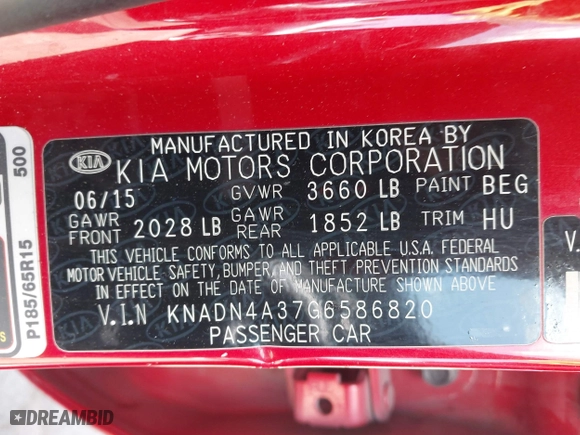 2016 Kia Rio EX with VIN KNADN4A37G6586820, listed as a IAAI auction lot 41948092 with 107,497 mi miles. Bid and sale history available at carsss.com. Image 9.