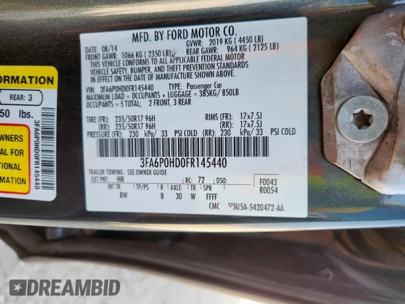 2015 Ford Fusion SE with VIN 3FA6P0HD0FR145440, listed as a Copart auction lot 61258745 with 144,899 mi miles and Salvage title. Bid and sale history available at DreamBid. Image 13.