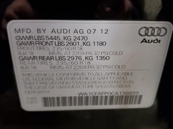 2012 Audi Q5 2.0T Premium with VIN WA1CFAFP0CA136899, listed as a Copart auction lot 43399665 with 116,226 mi miles and Salvage Title. Bid and sale history available at carsss.com. Image 13.