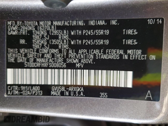 2015 Toyota Highlander Limited with VIN 5TDDCRFHXFS008056, listed as a Copart auction lot 58560055 with 157,155 mi miles and Salvage title. Bid and sale history available at DreamBid. Image 13.