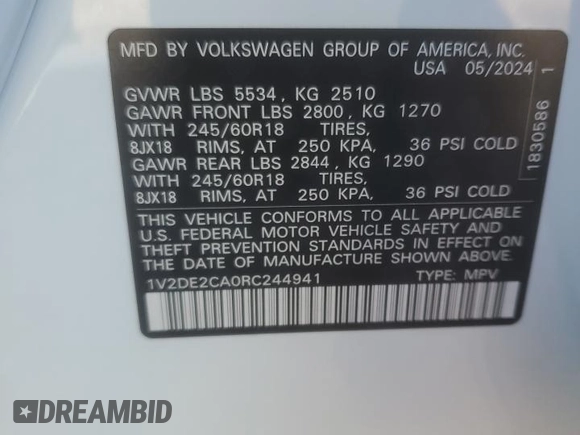 2024 Volkswagen Atlas SE with VIN 1V2DE2CA0RC244941, listed as a Copart auction lot 78818354 with 410 mi miles and Salvage title. Bid and sale history available at DreamBid. Image 13.