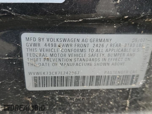 2007 Volkswagen Passat 2.0T with VIN WVWEK73CX7E242967, listed as a Copart auction lot 77839994 with Not provided miles and Salvage title. Bid and sale history available at DreamBid. Image 12.