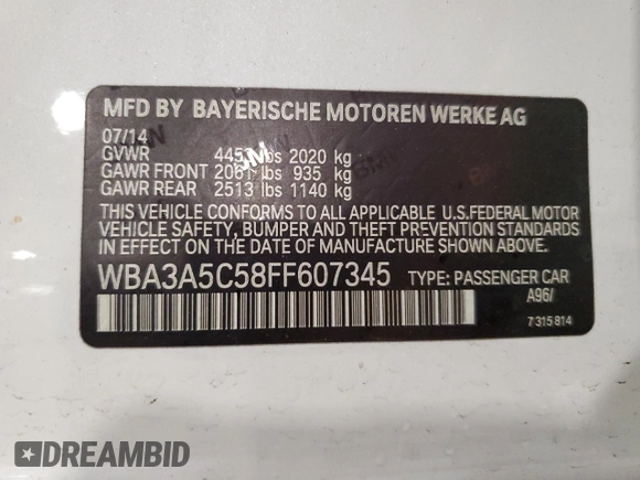 2015 BMW 3 Series 328i with VIN WBA3A5C58FF607345, listed as a Copart auction lot 58161395 with 33,011 mi miles and Salvage title. Bid and sale history available at DreamBid. Image 12.