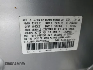 2006 Acura TSX with VIN JH4CL96876C006227, listed as a Copart auction lot 58019815 with Not provided miles and Salvage title. Bid and sale history available at DreamBid. Image 12.