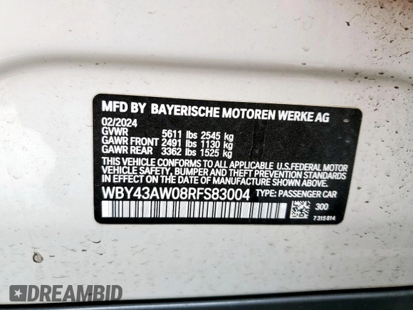 2024 BMW i4 eDrive35 with VIN WBY43AW08RFS83004, listed as a Copart auction lot 50818335 with 12,000 mi miles and Salvage Title. Bid and sale history available at carsss.com. Image 12.