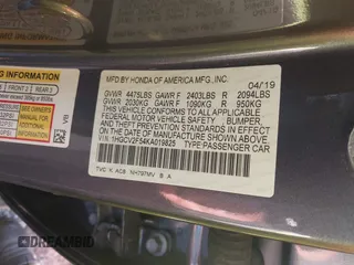 2019 Honda Accord EX-L with VIN 1HGCV2F54KA019825, listed as a IAAI auction lot 41208998 with 105,054 mi miles and . Bid and sale history available at DreamBid. Image 9.