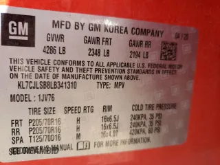 2020 Chevrolet Trax LT with VIN KL7CJLSB8LB341310, listed as a Copart auction lot 54526605 with 99,761 mi miles and Clean Title. Bid and sale history available at DreamBid. Image 12.