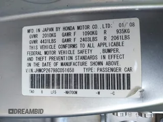 2008 Honda Accord EX with VIN JHMCP26798C051658, listed as a IAAI auction lot 41841932 with 108,778 mi miles and . Bid and sale history available at DreamBid. Image 9.