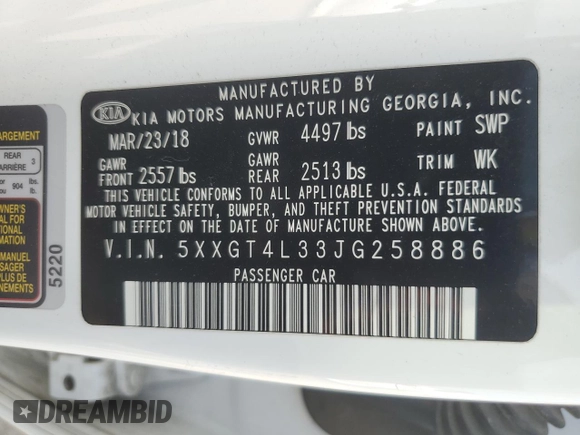 2018 Kia Optima S with VIN 5XXGT4L33JG258886, listed as a Copart auction lot 50762385 with 91,982 mi miles and Salvage title. Bid and sale history available at DreamBid. Image 12.