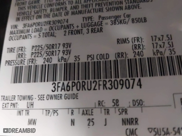 2015 Ford Fusion Titanium Hybrid with VIN 3FA6P0RU2FR309074, listed as a IAAI auction lot 41240630 with 172,025 mi miles. Bid and sale history available at carsss.com. Image 9.