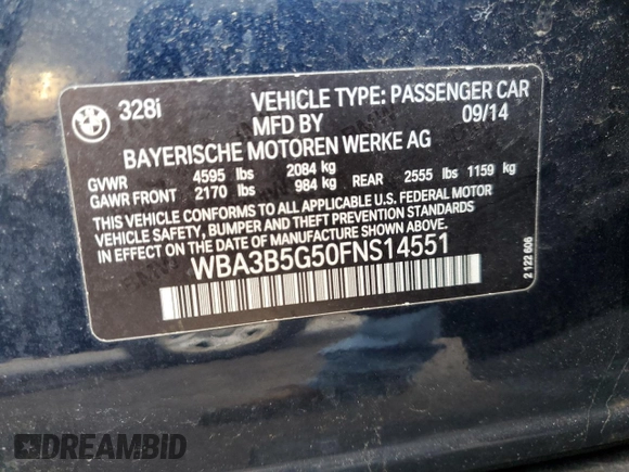 2015 BMW 3 Series 328i xDrive with VIN WBA3B5G50FNS14551, listed as a Copart auction lot 46627015 with 76,837 mi miles and Salvage Title. Bid and sale history available at carsss.com. Image 12.