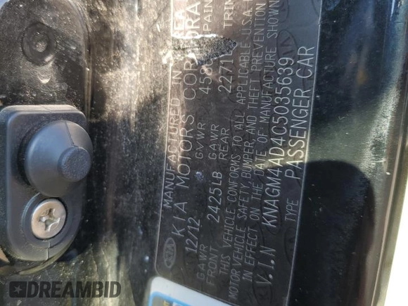 2012 Kia Optima Hybrid with VIN KNAGM4AD4C5035639, listed as a Copart auction lot 46978845 with 226,095 mi miles and Salvage Title. Bid and sale history available at DreamBid. Image 14.