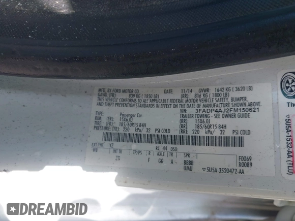 2015 Ford Fiesta S with VIN 3FADP4AJ2FM150621, listed as a IAAI auction lot 42424609 with 187,985 mi miles and . Bid and sale history available at DreamBid. Image 9.