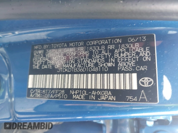 2013 Toyota Prius One z VIN JTDKDTB36D1048110, wystawiony jako IAAI lot #41568386 z przebiegiem 222 791 mil mil oraz . Historia ofert i sprzedaży dostępna na DreamBid. Obrazek 9.