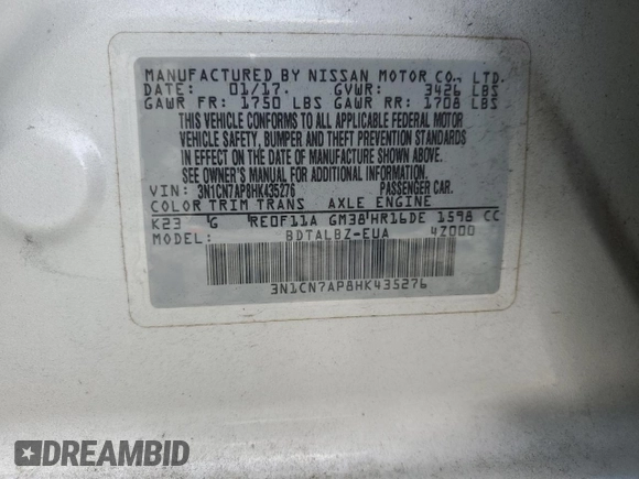 2017 Nissan Versa SV with VIN 3N1CN7AP8HK435276, listed as a Copart auction lot 55315955 with 84,854 mi miles and Salvage title. Bid and sale history available at DreamBid. Image 12.