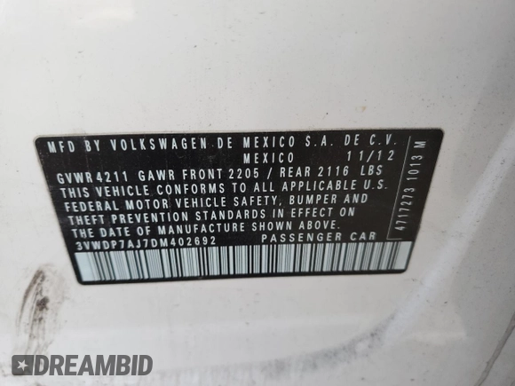 2013 Volkswagen Jetta SE with VIN 3VWDP7AJ7DM402692, listed as a Copart auction lot 51169345 with Not provided miles and Salvage title. Bid and sale history available at DreamBid. Image 12.