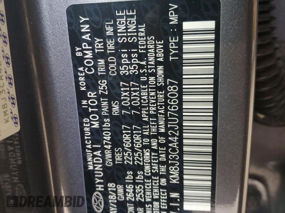 2018 Hyundai Tucson SEL with VIN KM8J3CA42JU766087, listed as a Copart auction lot 60244585 with 78,626 mi miles and Clean title. Bid and sale history available at DreamBid. Image 14.